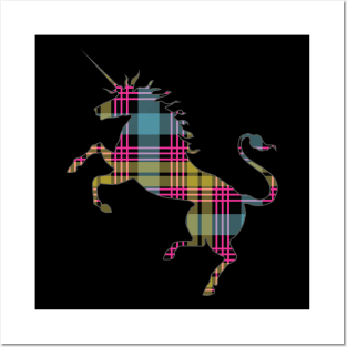 Scottish Pink, Blue and Yellow Tartan Rearing Unicorn Silhouette Posters and Art